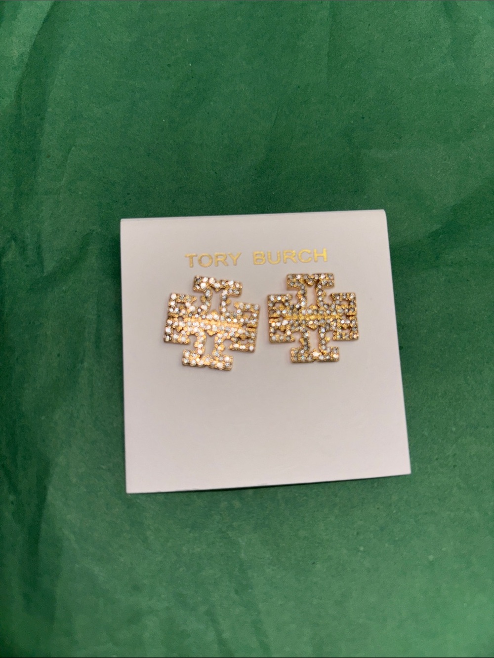 Tory Burch Gold Crystal Logo Stud Earrings